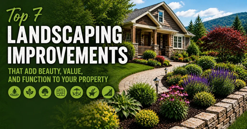 Beautiful professionally landscaped front yard in Western North Carolina featuring a stone retaining wall, colorful flower beds, curved walkway, manicured lawn, and custom landscaping improvements for residential curb appeal.