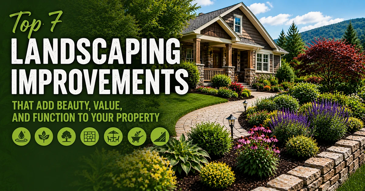 Beautiful professionally landscaped front yard in Western North Carolina featuring a stone retaining wall, colorful flower beds, curved walkway, manicured lawn, and custom landscaping improvements for residential curb appeal.