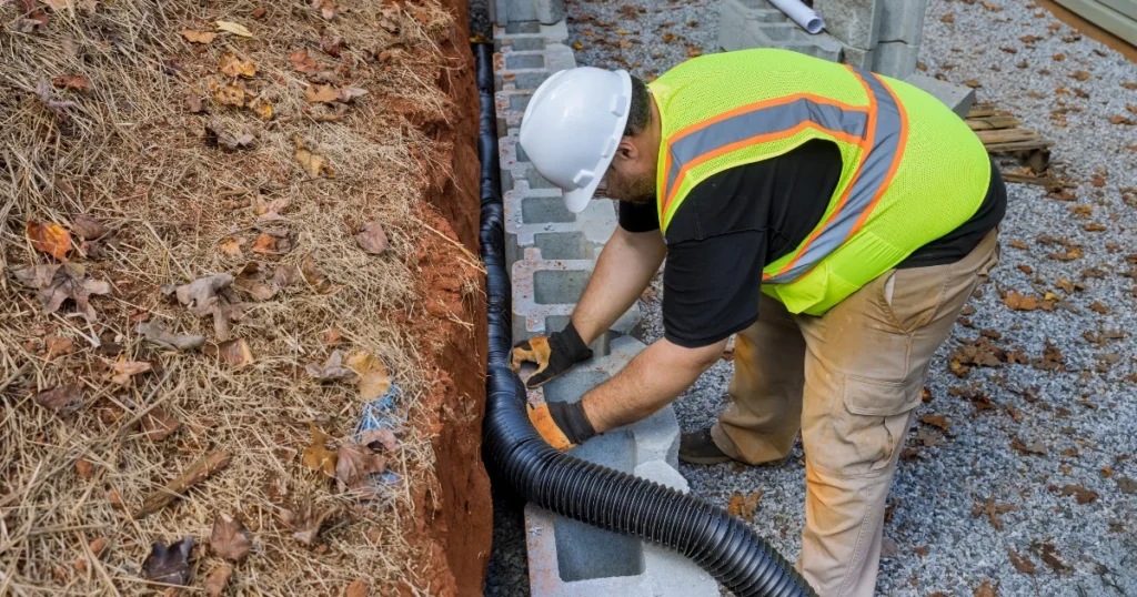 Retaining wall drainage installation to support gravel driveway repair and prevent erosion on a sloped property.
